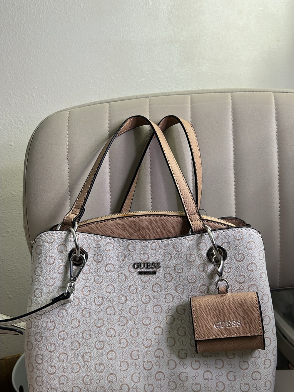 Guess Beige and Light Brown Logo Tote Bag